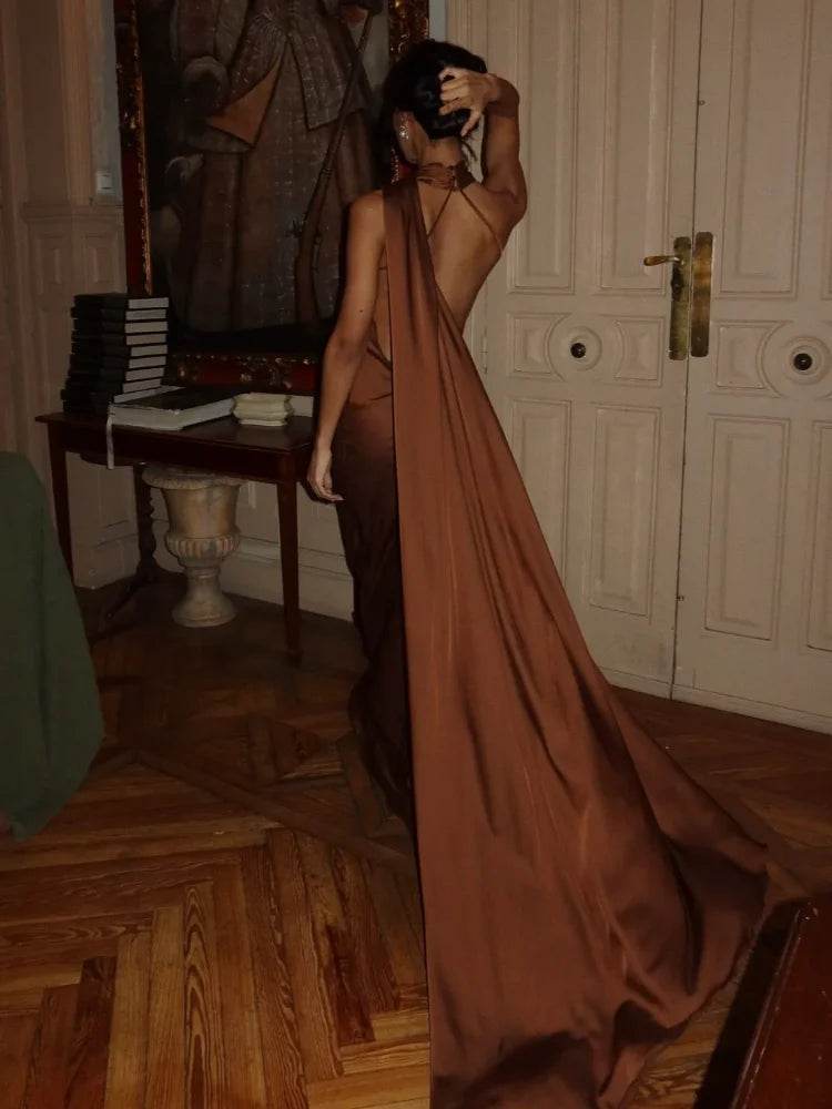 Midnight Satin Halter Gown - Avelora