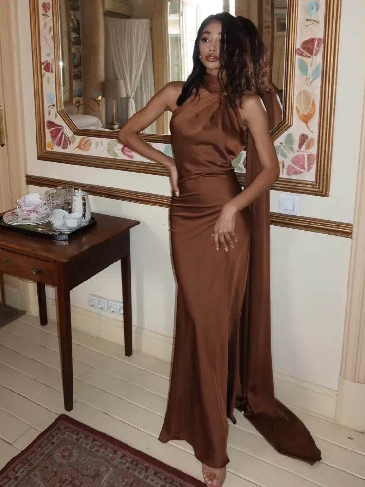 Midnight Satin Halter Gown - Avelora