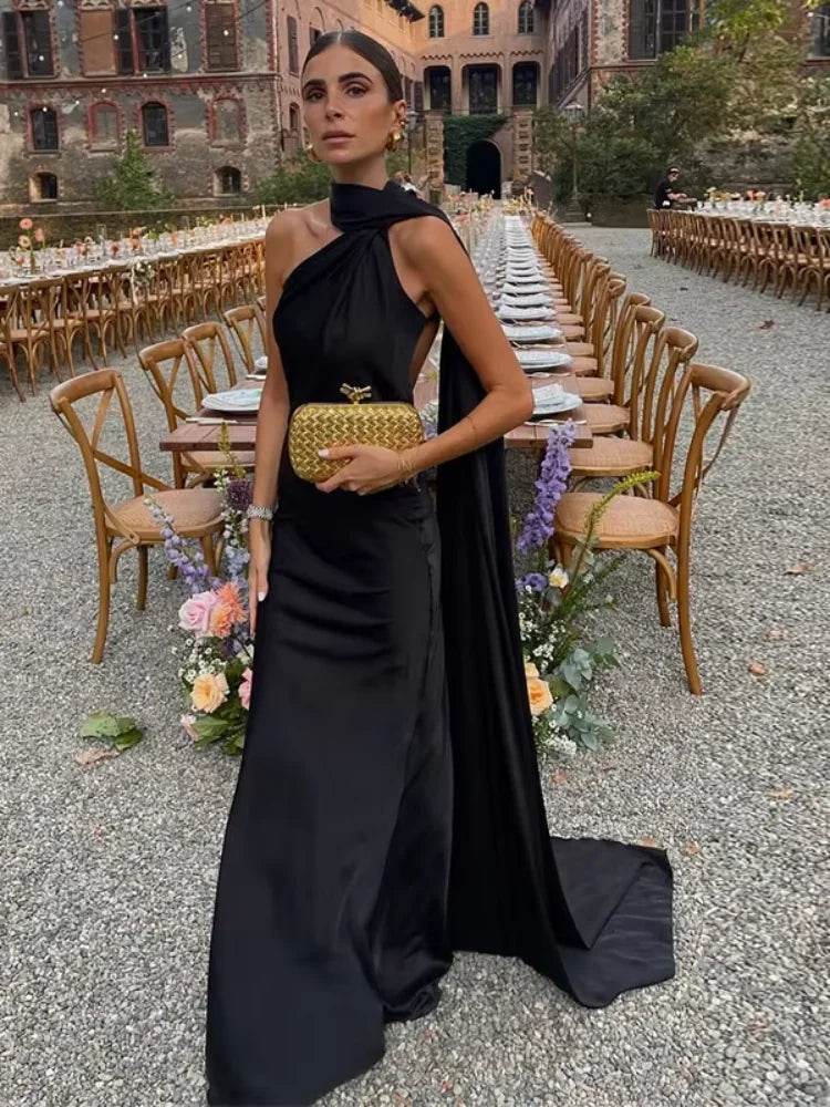 Midnight Satin Halter Gown - Avelora