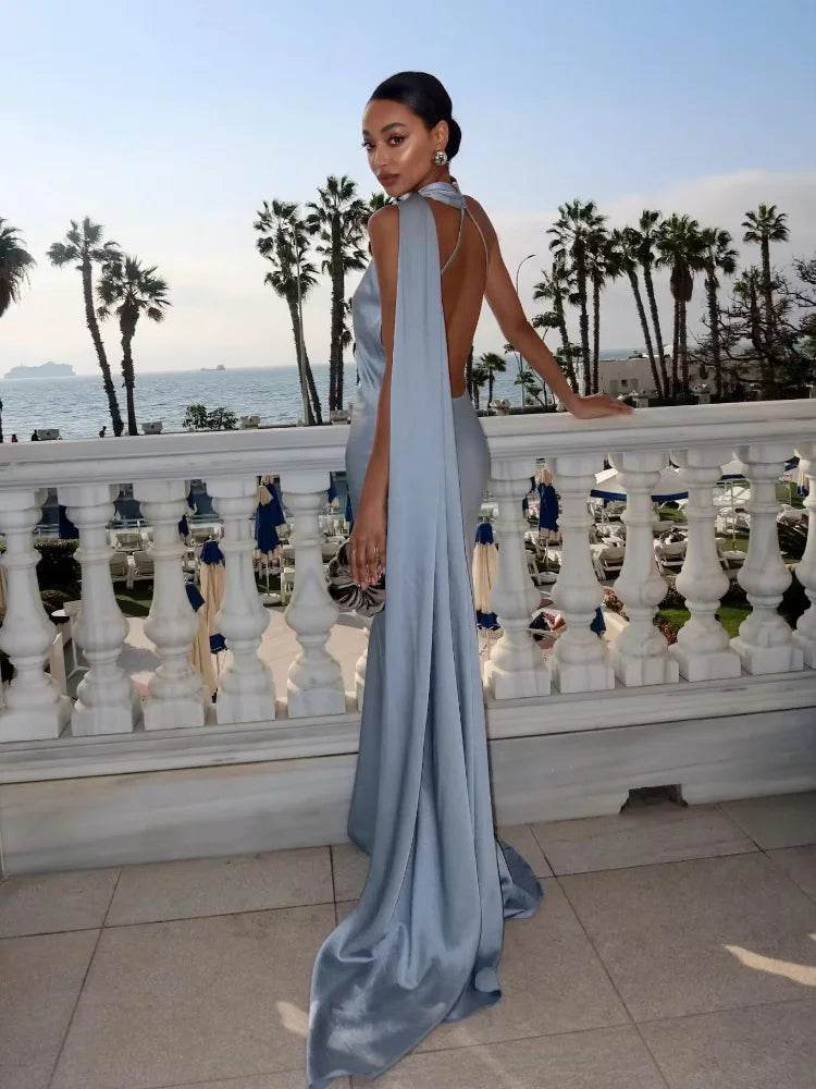 Midnight Satin Halter Gown - Avelora